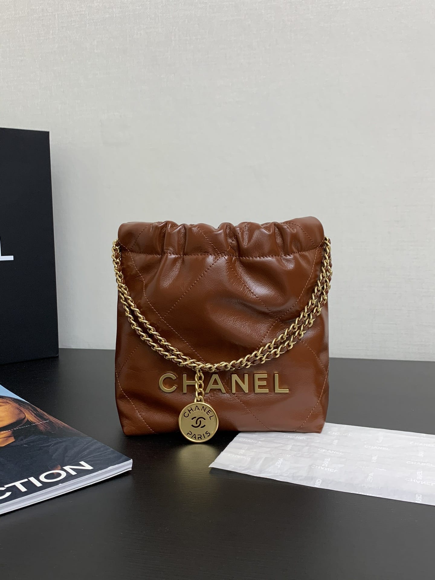 CHANEL 22 Mini Hobo Bag in Shiny Calfskin - Dark Beige