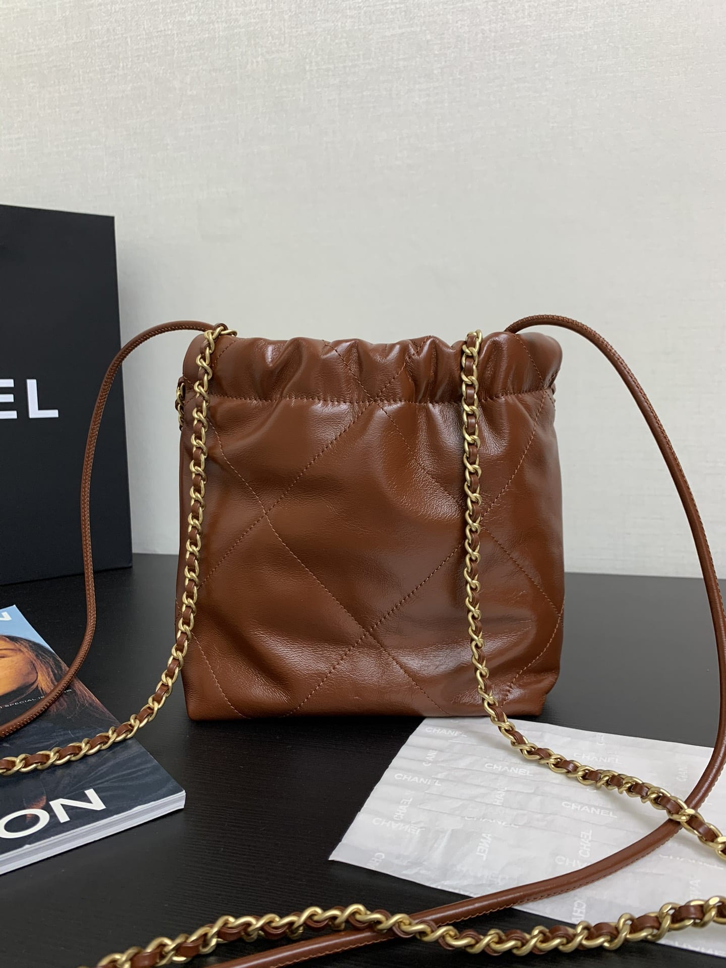 CHANEL 22 Mini Hobo Bag in Shiny Calfskin - Dark Beige