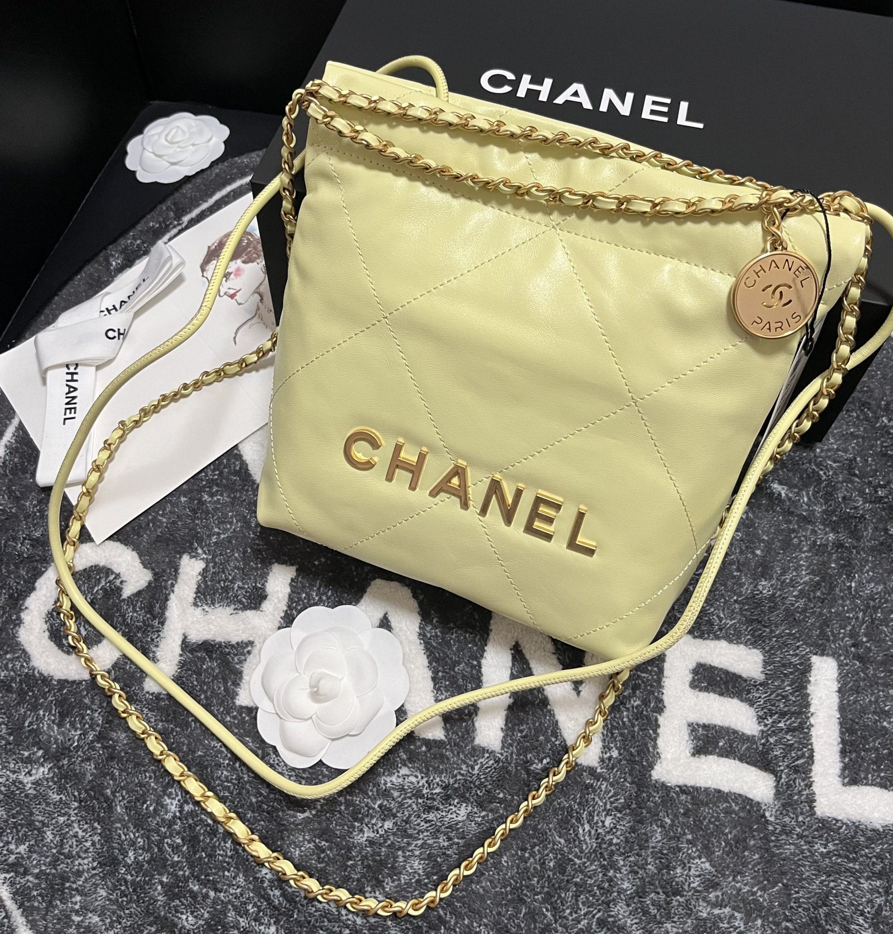 CHANEL 22 Mini Hobo Bag in Shiny Calfskin - Light Yellow