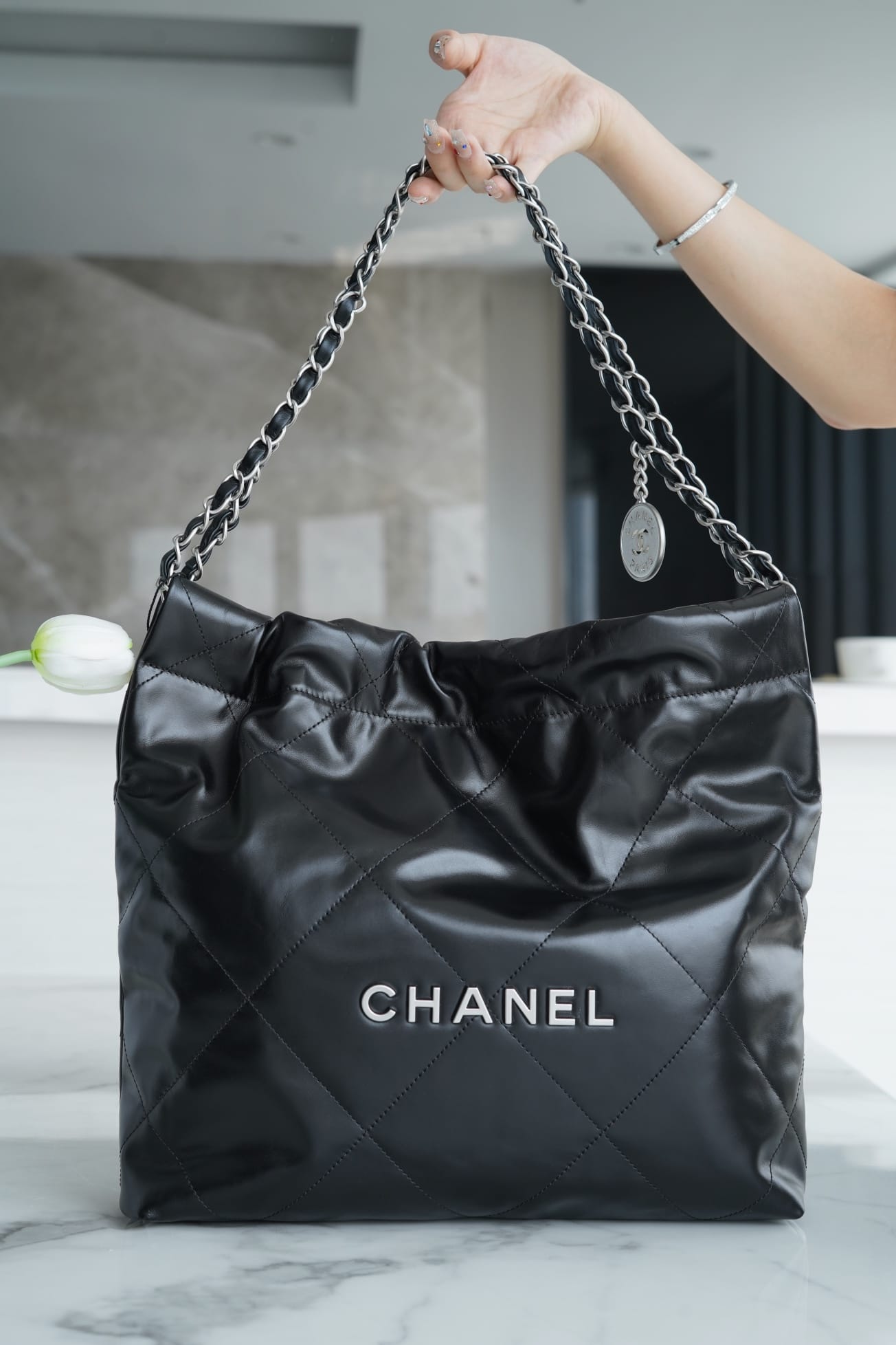 CHANEL 22 Small Hobo Bag in Shiny Calfskin - Black & Silver