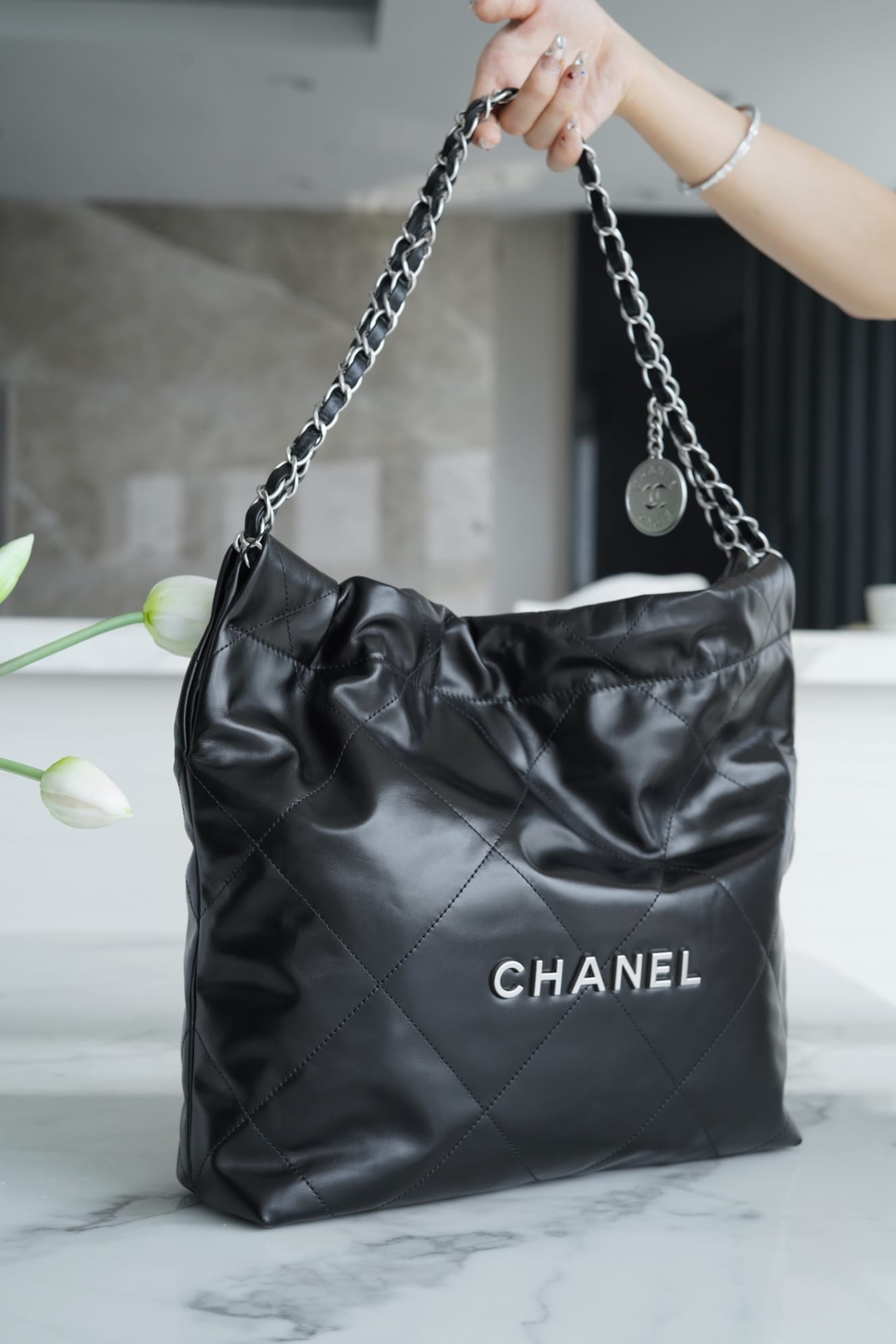 CHANEL 22 Small Hobo Bag in Shiny Calfskin - Black & Silver