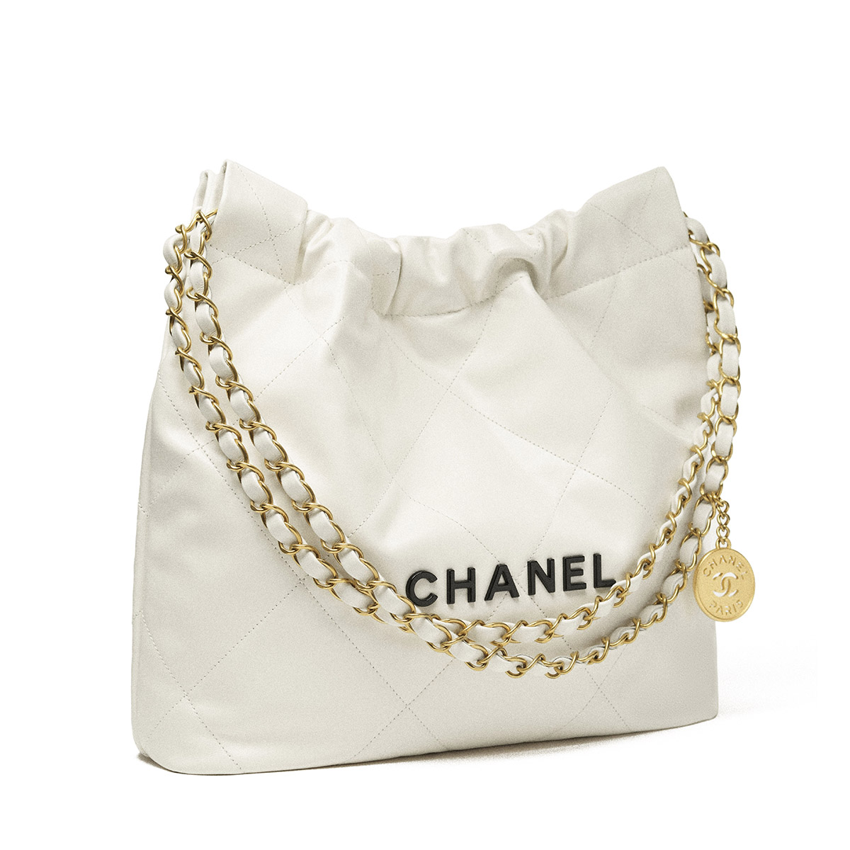 CHANEL 22 Small Hobo Bag in Shiny Calfskin - White & Black LOGO