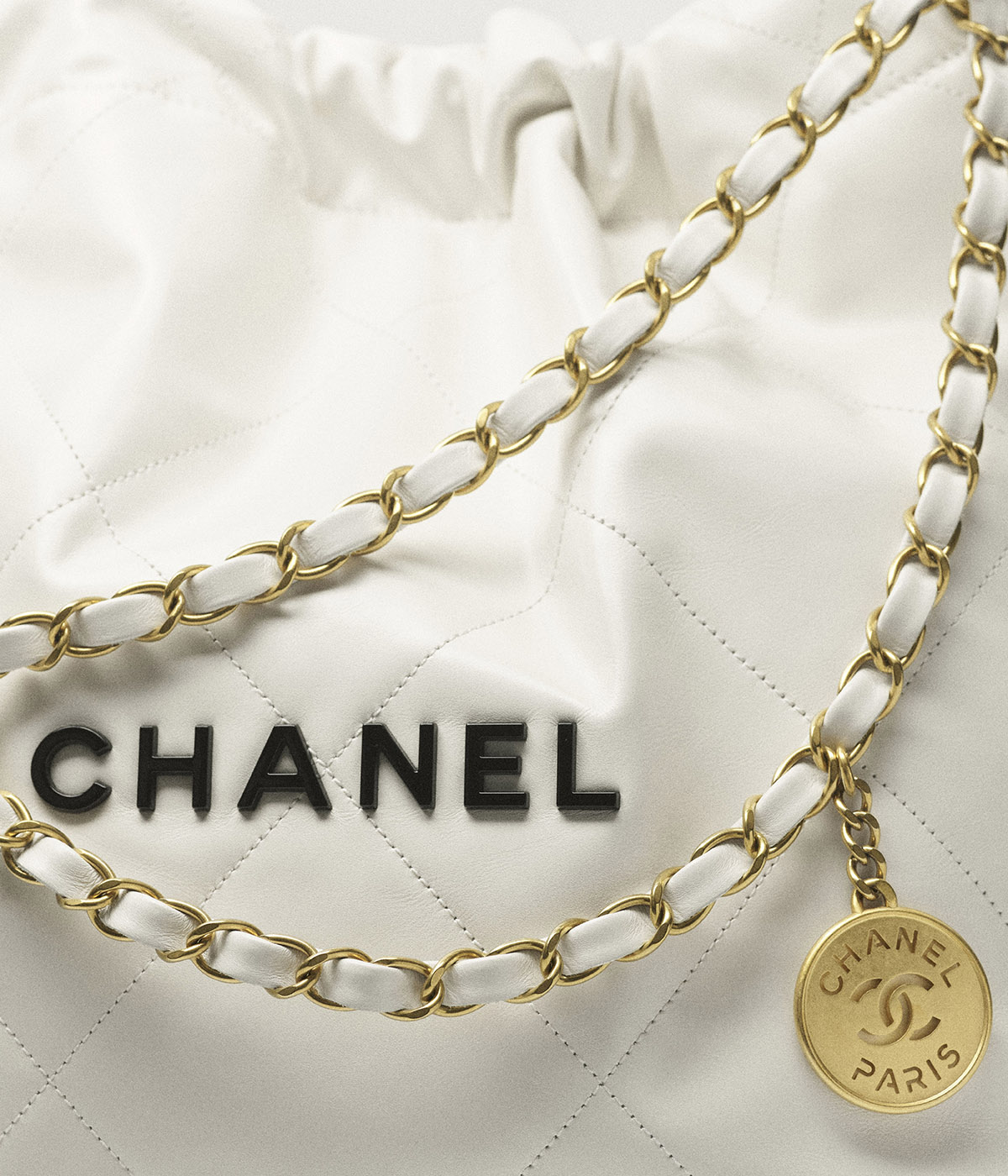 CHANEL 22 Small Hobo Bag in Shiny Calfskin - White & Black LOGO