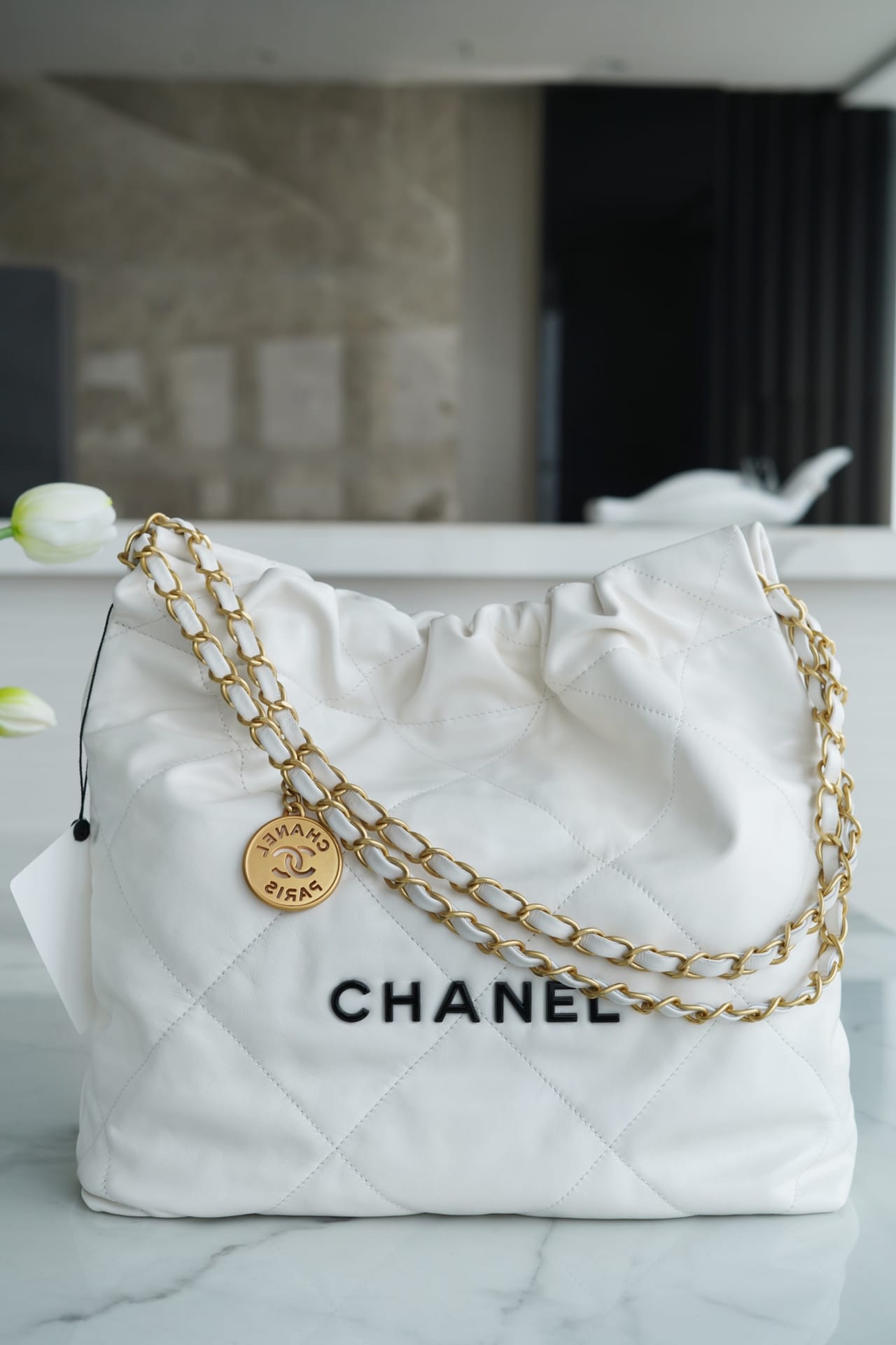 CHANEL 22 Small Hobo Bag in Shiny Calfskin - White & Black LOGO