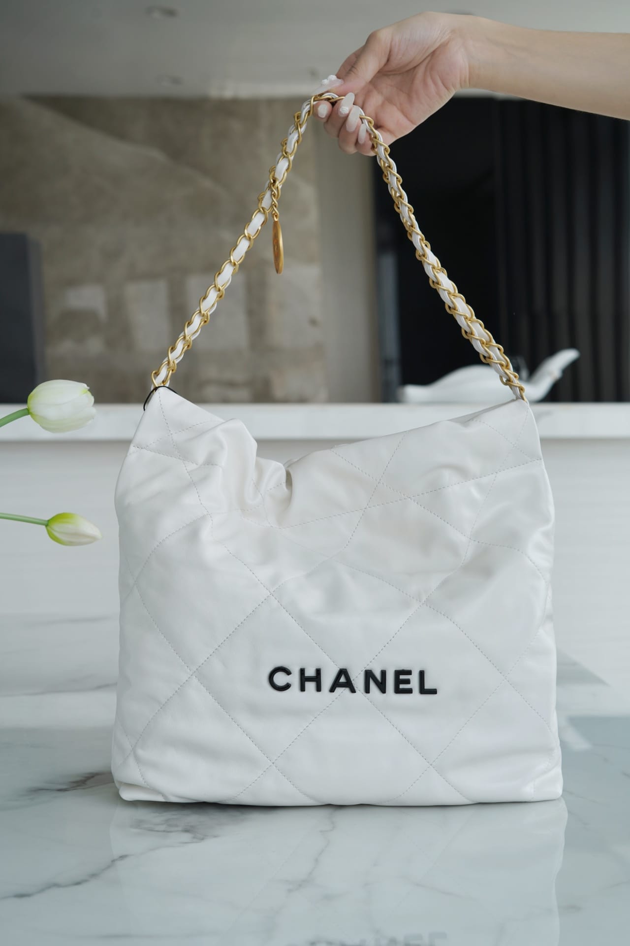 CHANEL 22 Small Hobo Bag in Shiny Calfskin - White & Black LOGO