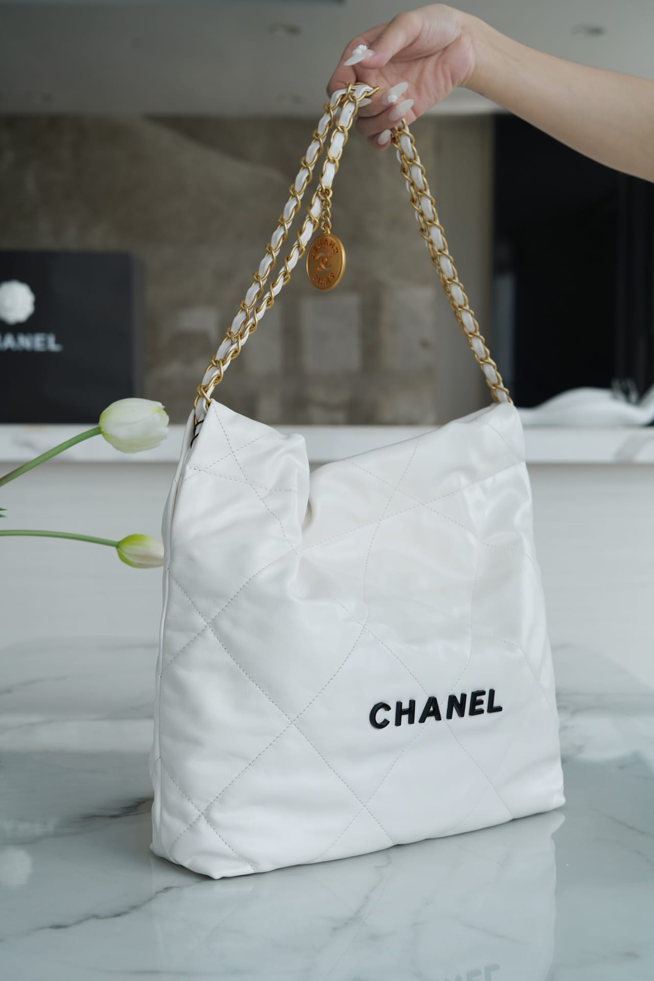 CHANEL 22 Small Hobo Bag in Shiny Calfskin - White & Black LOGO