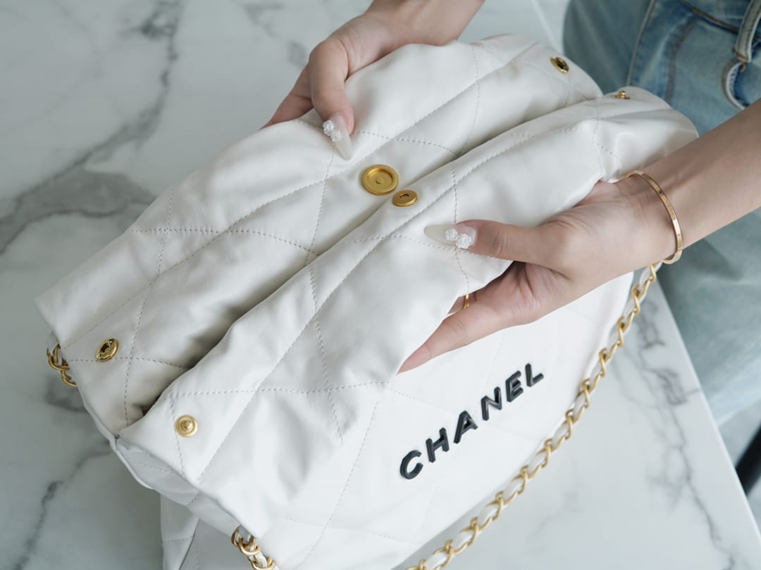 CHANEL 22 Small Hobo Bag in Shiny Calfskin - White & Black LOGO