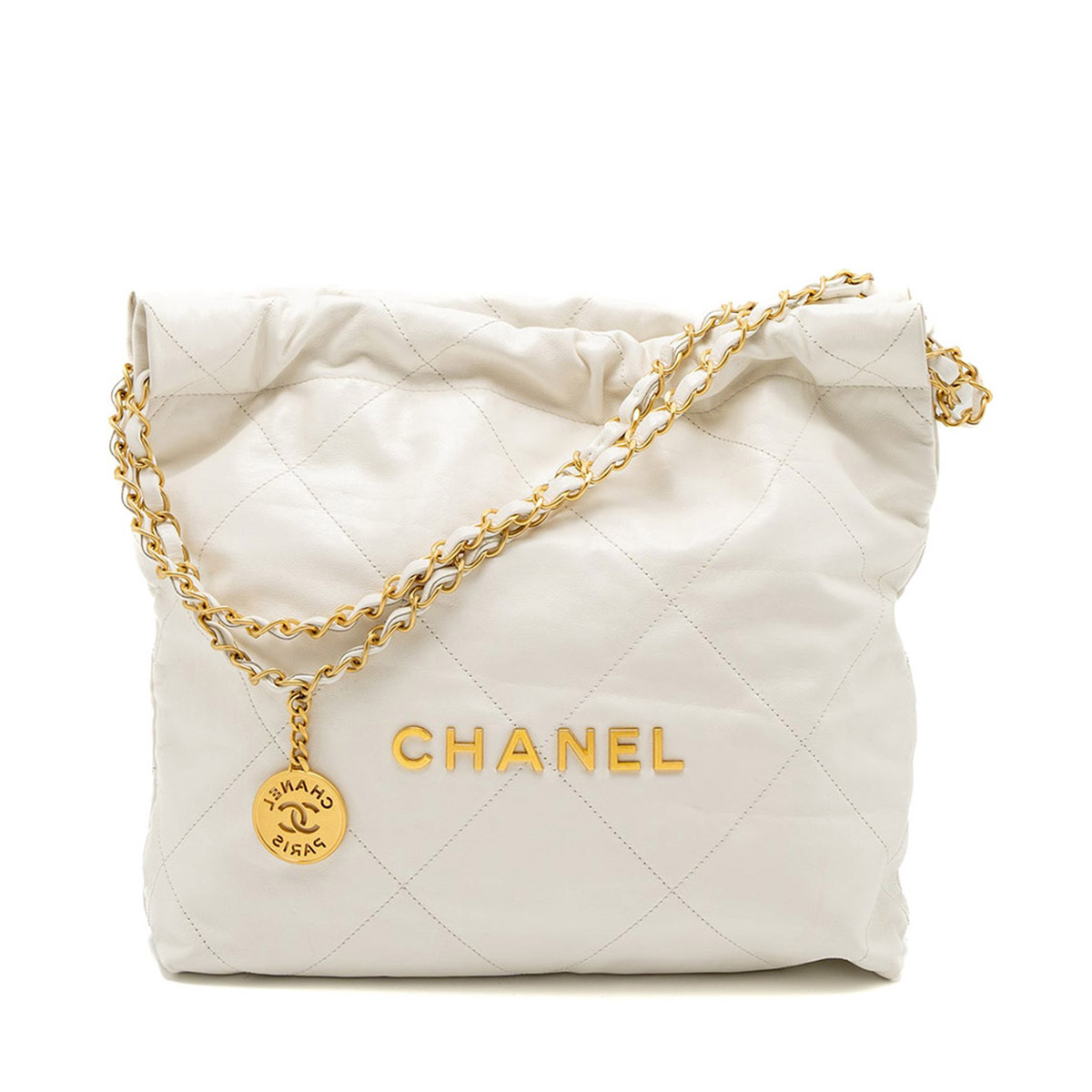 CHANEL 22 Small Hobo Bag in Shiny Calfskin - White & Gold LOGO