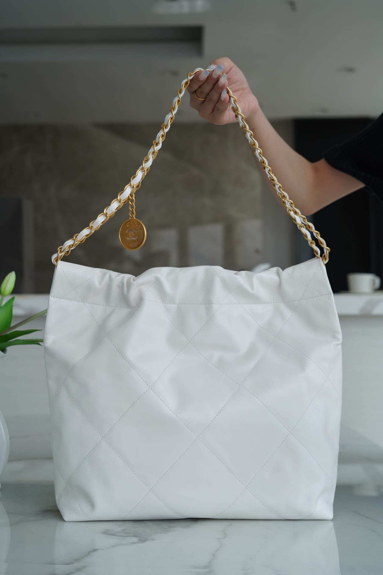 CHANEL 22 Small Hobo Bag in Shiny Calfskin - White & Gold LOGO