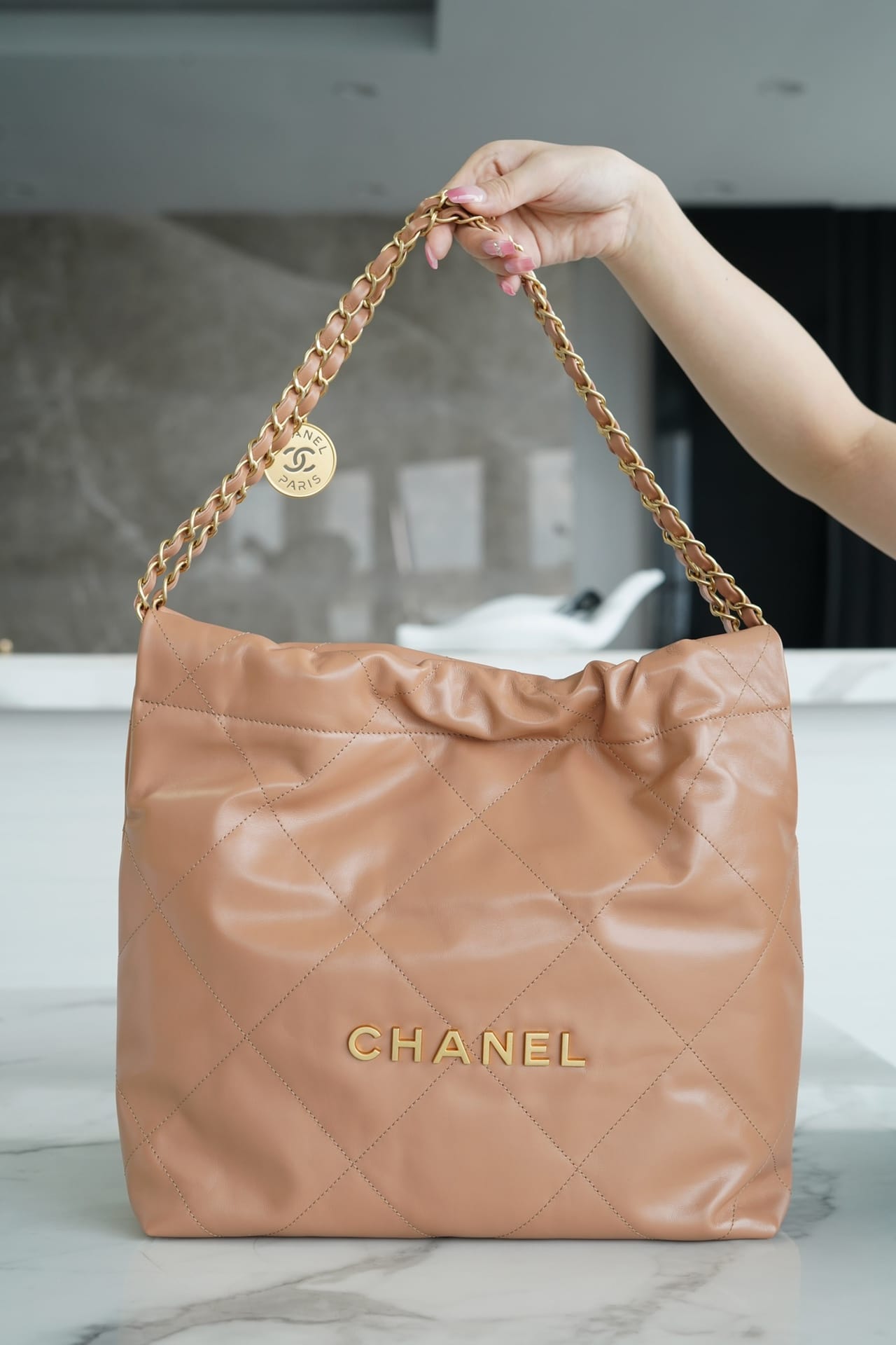 CHANEL 22 Small Hobo Bag in Shiny Calfskin - Camel 