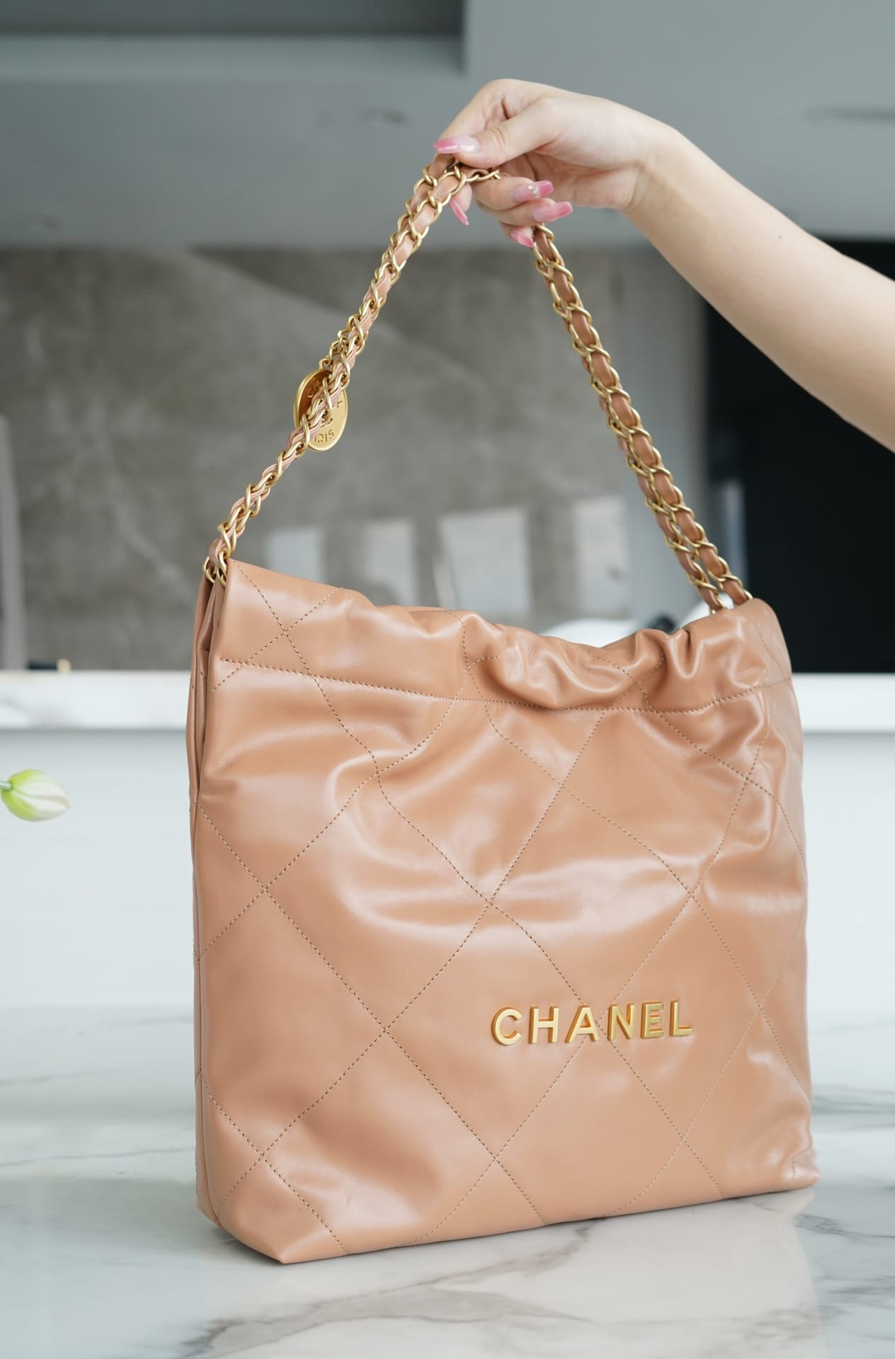 CHANEL 22 Small Hobo Bag in Shiny Calfskin - Camel 