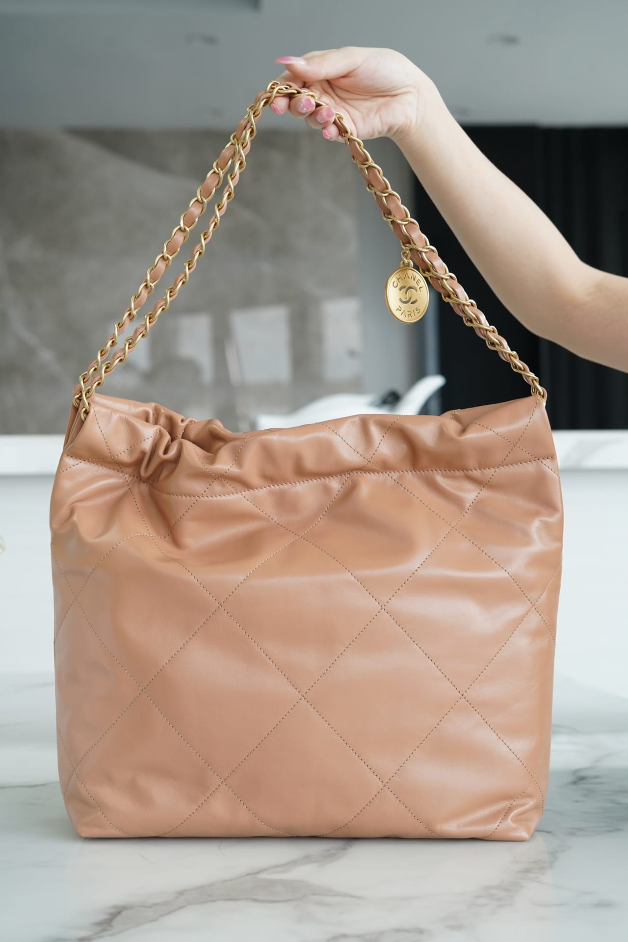 CHANEL 22 Small Hobo Bag in Shiny Calfskin - Camel 