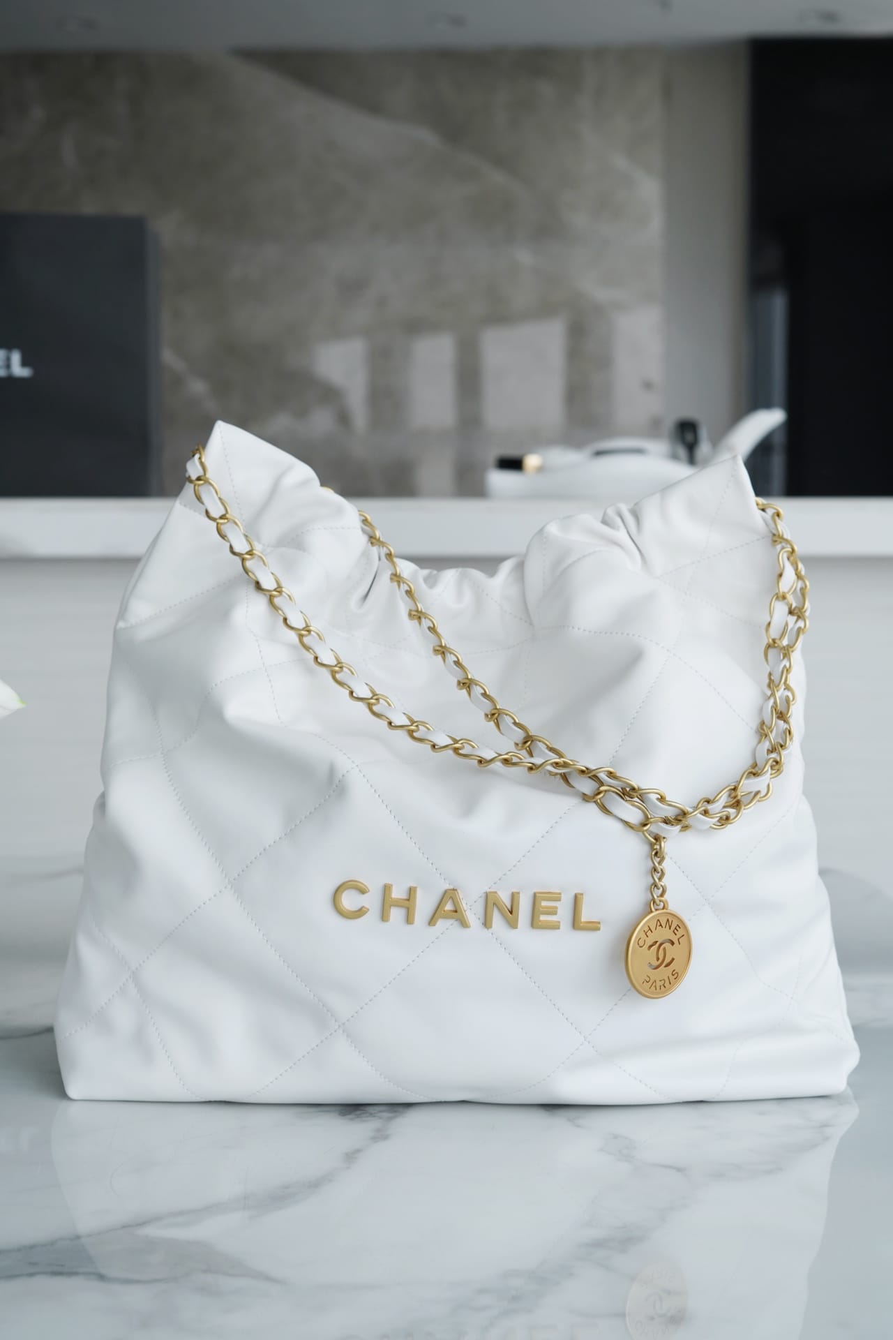 CHANEL 22 Medium Hobo Bag in Shiny Calfskin - White Gold LOGO