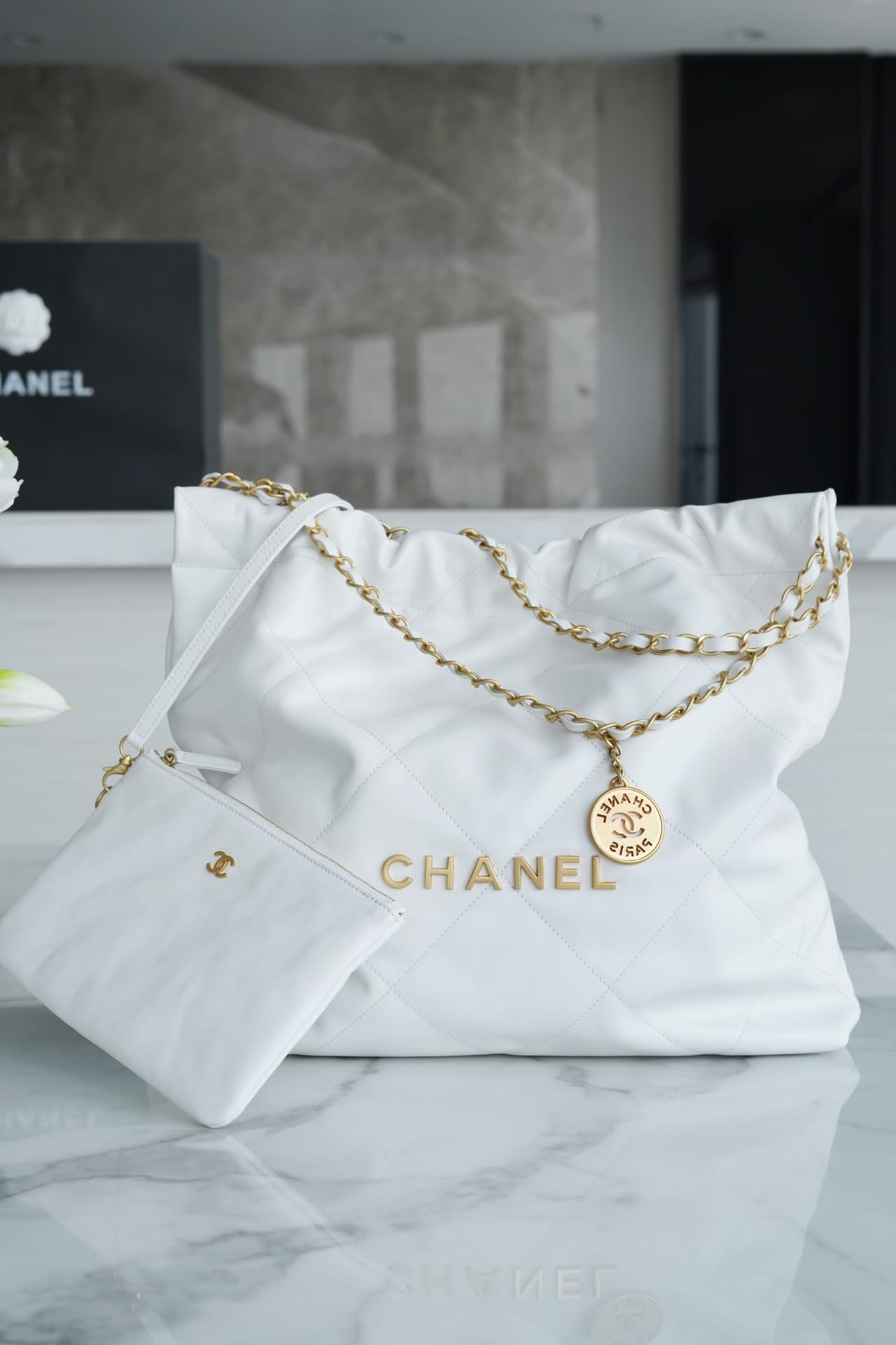 CHANEL 22 Medium Hobo Bag in Shiny Calfskin - White Gold LOGO