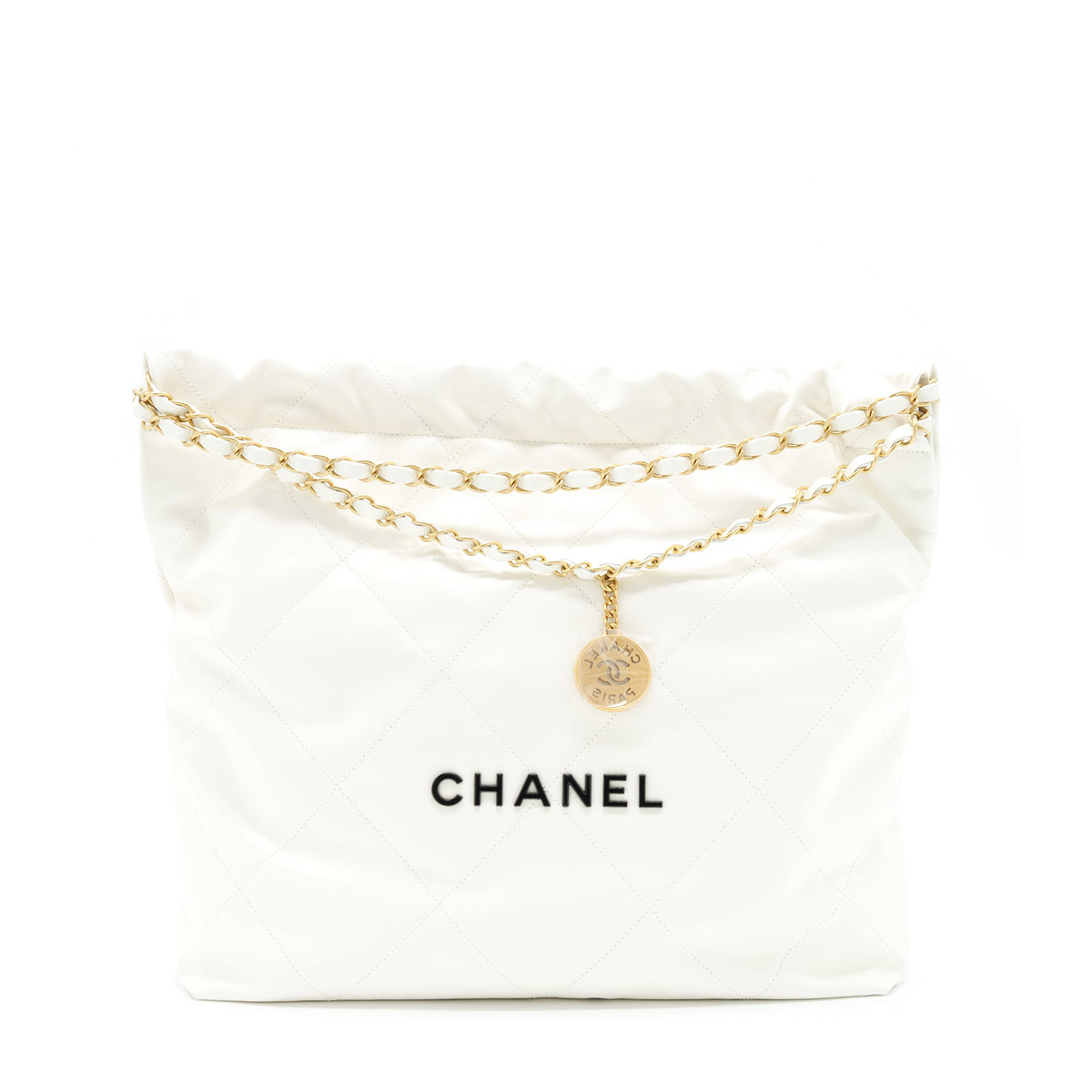 CHANEL 22 Medium Hobo Bag in Shiny Calfskin - White & Black LOGO