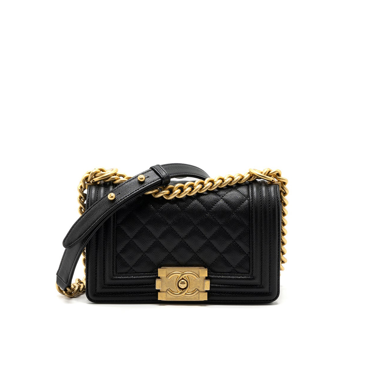 CHANEL BOY Small Flap Bag in Grained Calfskin Leather - Black & Gold