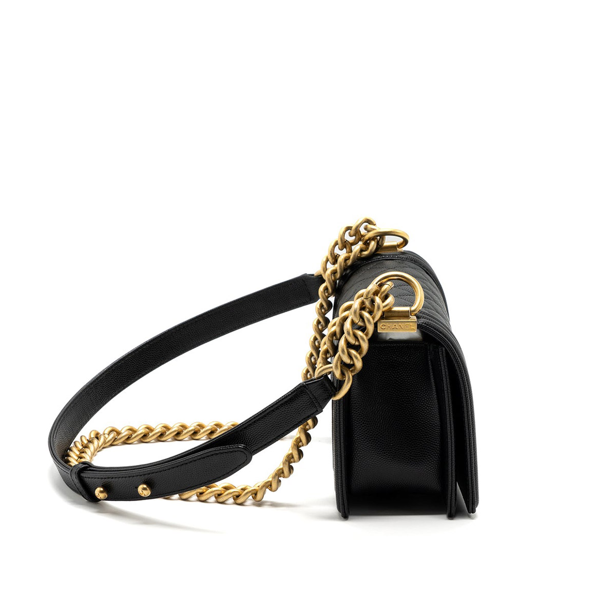 CHANEL BOY Small Flap Bag in Grained Calfskin Leather - Black & Gold