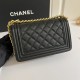 CHANEL BOY Small Flap Bag in Grained Calfskin Leather - Black & Gold