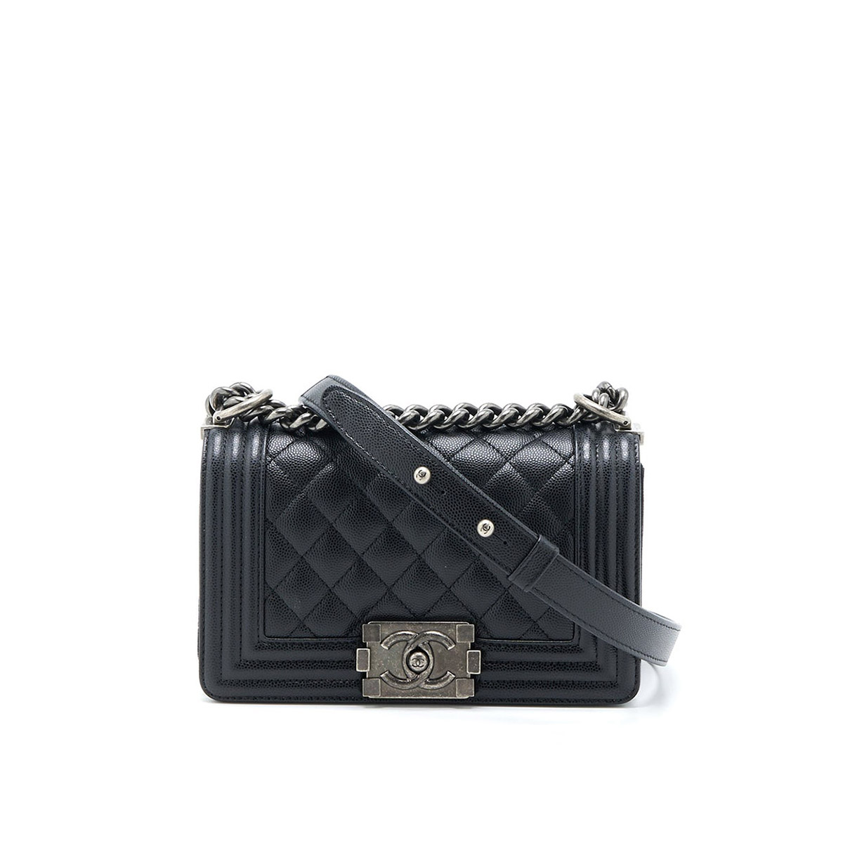 CHANEL BOY Small Flap Bag in Grained Calfskin Leather - Black & Silver