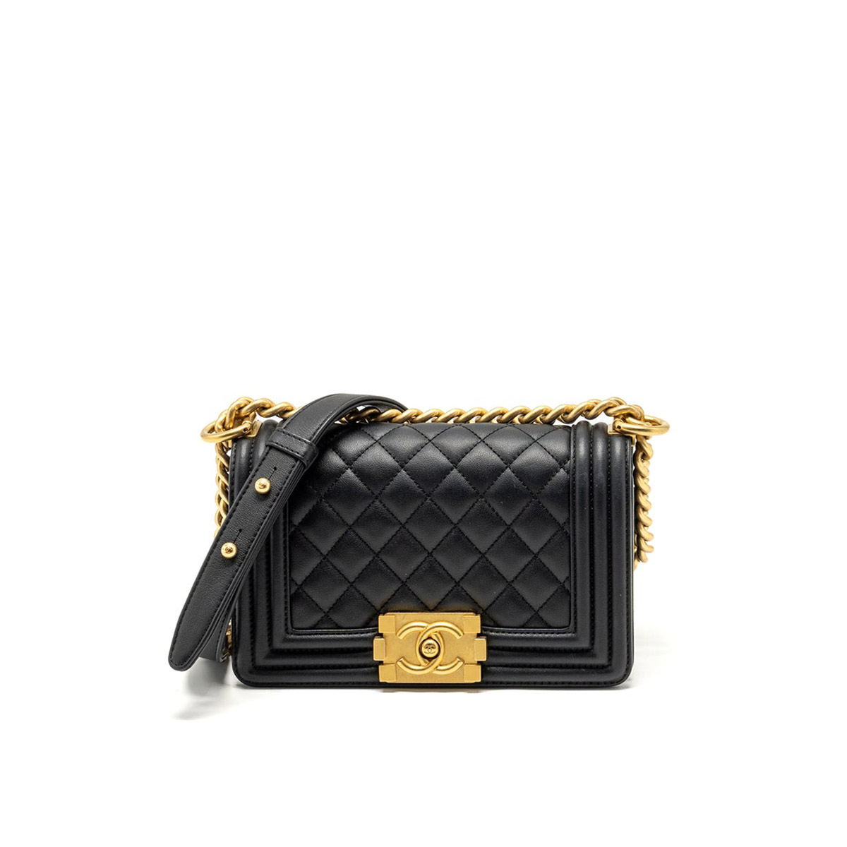 CHANEL BOY Small Flap Bag in Calfskin Leather - Black & Gold