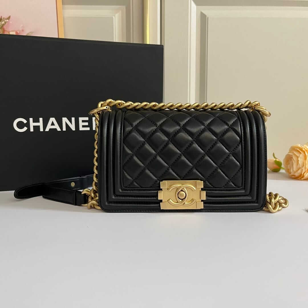 CHANEL BOY Small Flap Bag in Calfskin Leather - Black & Gold