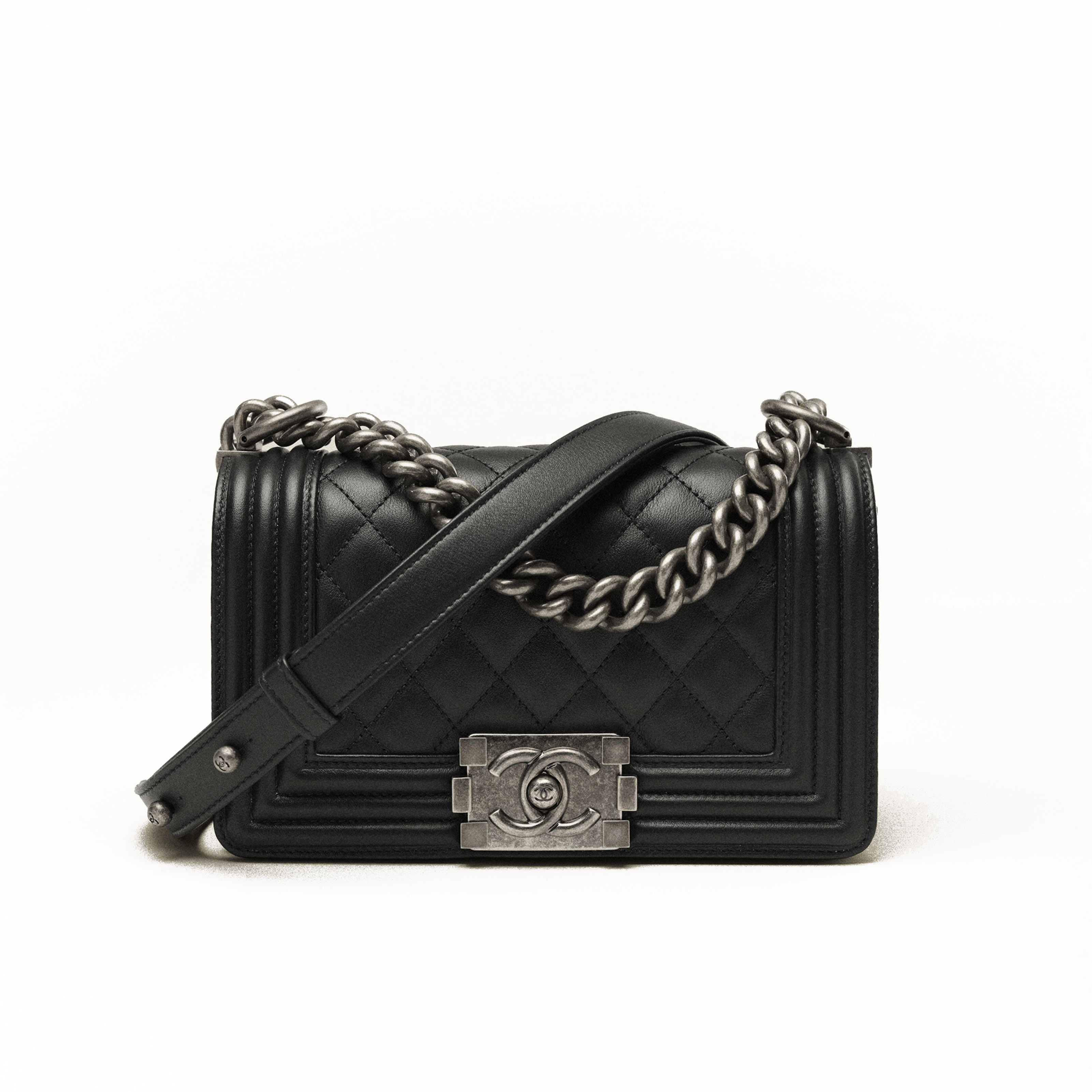 CHANEL BOY Small Flap Bag in Calfskin Leather - Black & Silver