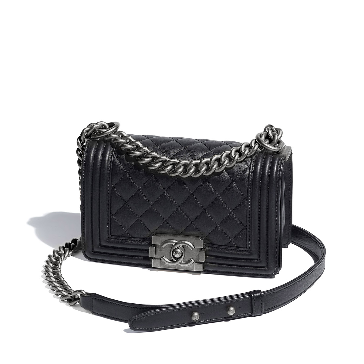 CHANEL BOY Small Flap Bag in Calfskin Leather - Black & Silver