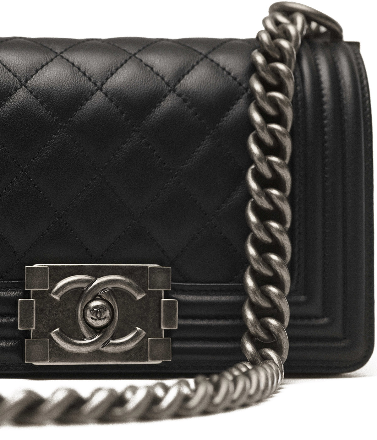 CHANEL BOY Small Flap Bag in Calfskin Leather - Black & Silver