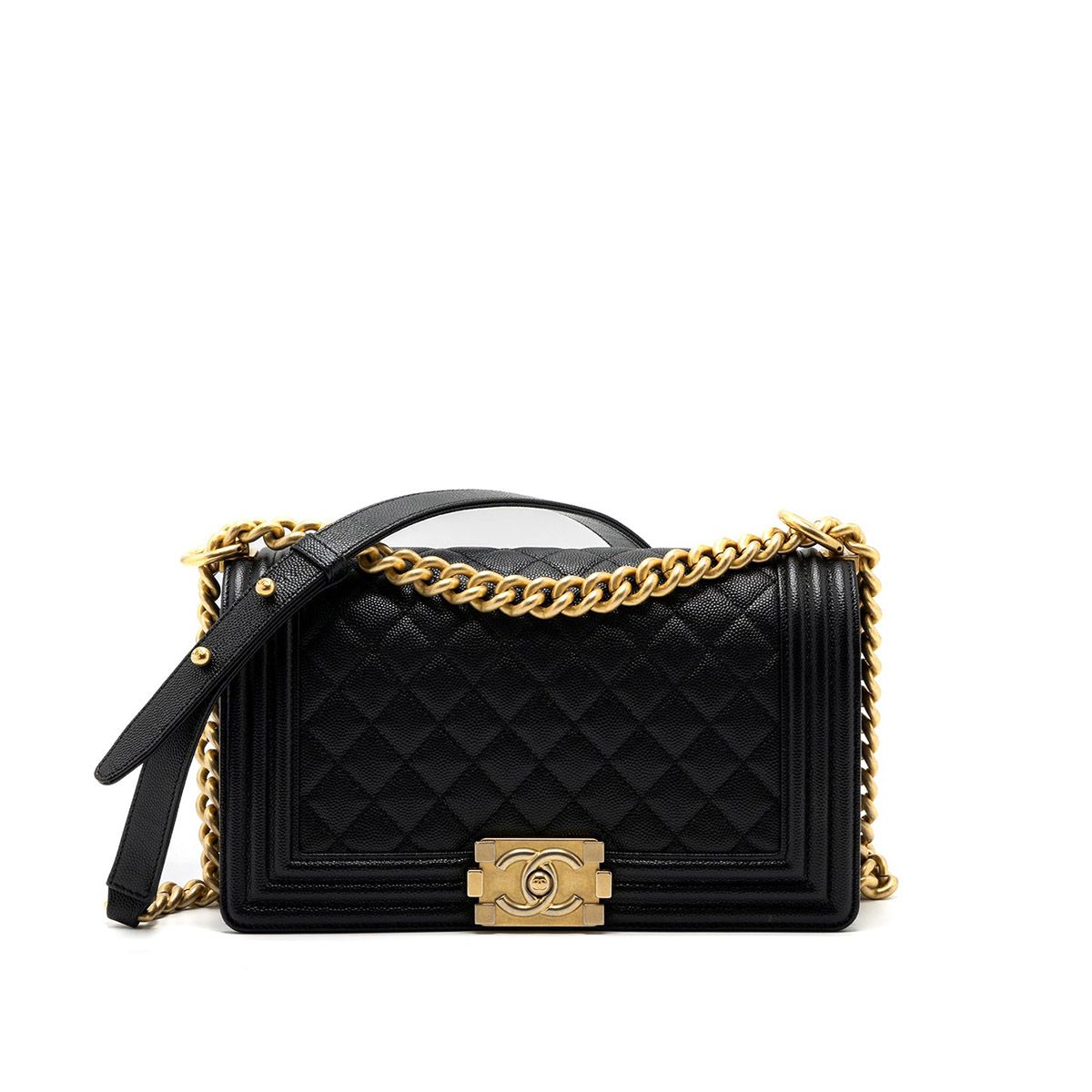 CHANEL BOY Medium Flap Bag in Grained Calfskin Leather - Black & Gold