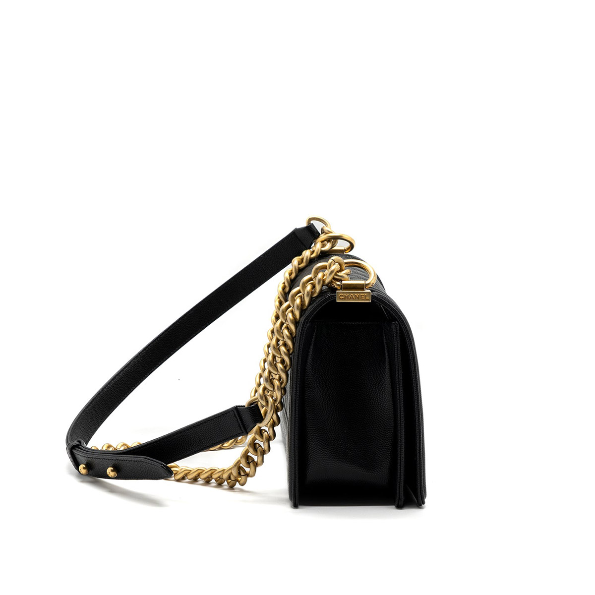 CHANEL BOY Medium Flap Bag in Grained Calfskin Leather - Black & Gold