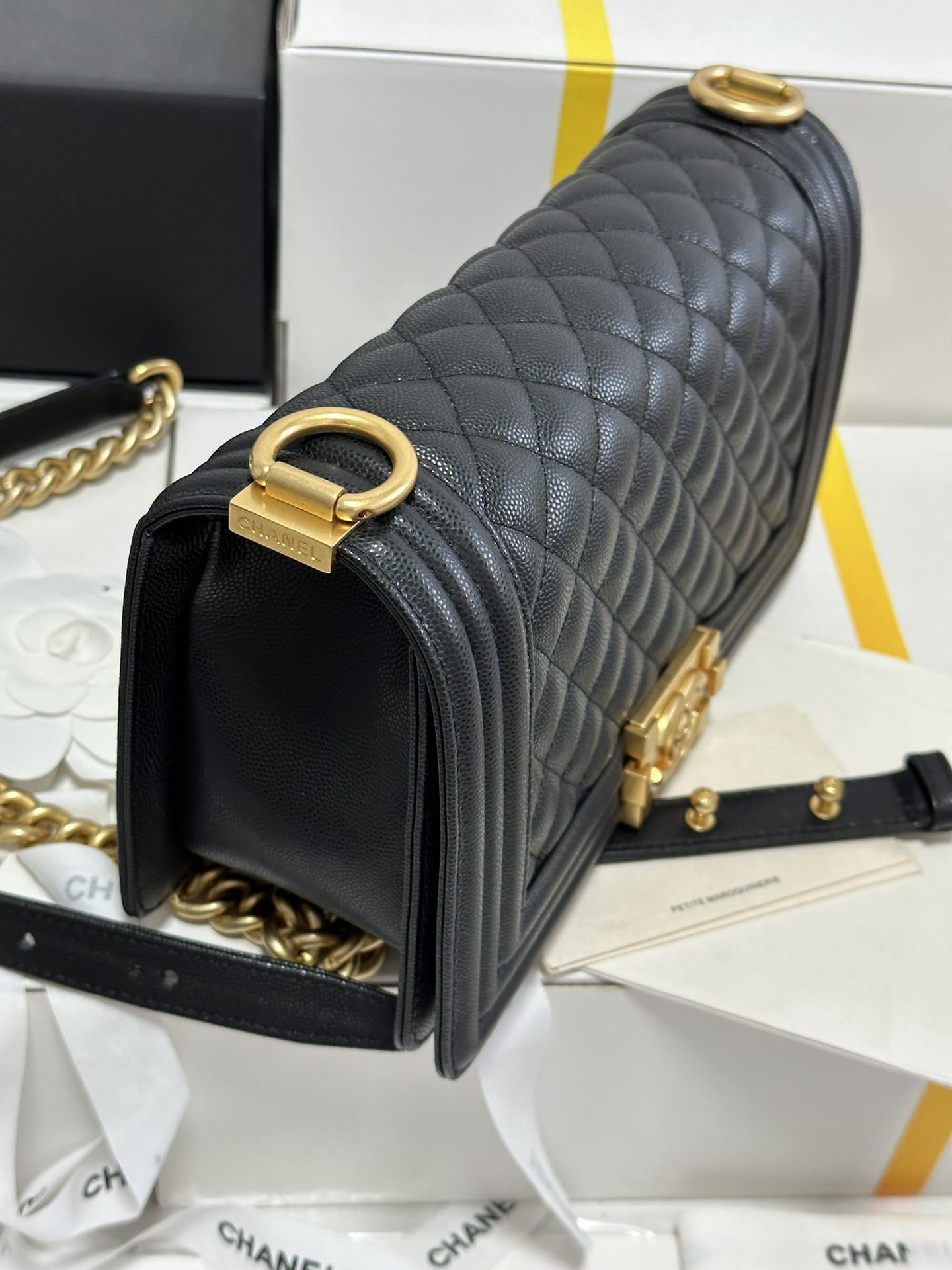 CHANEL BOY Medium Flap Bag in Grained Calfskin Leather - Black & Gold