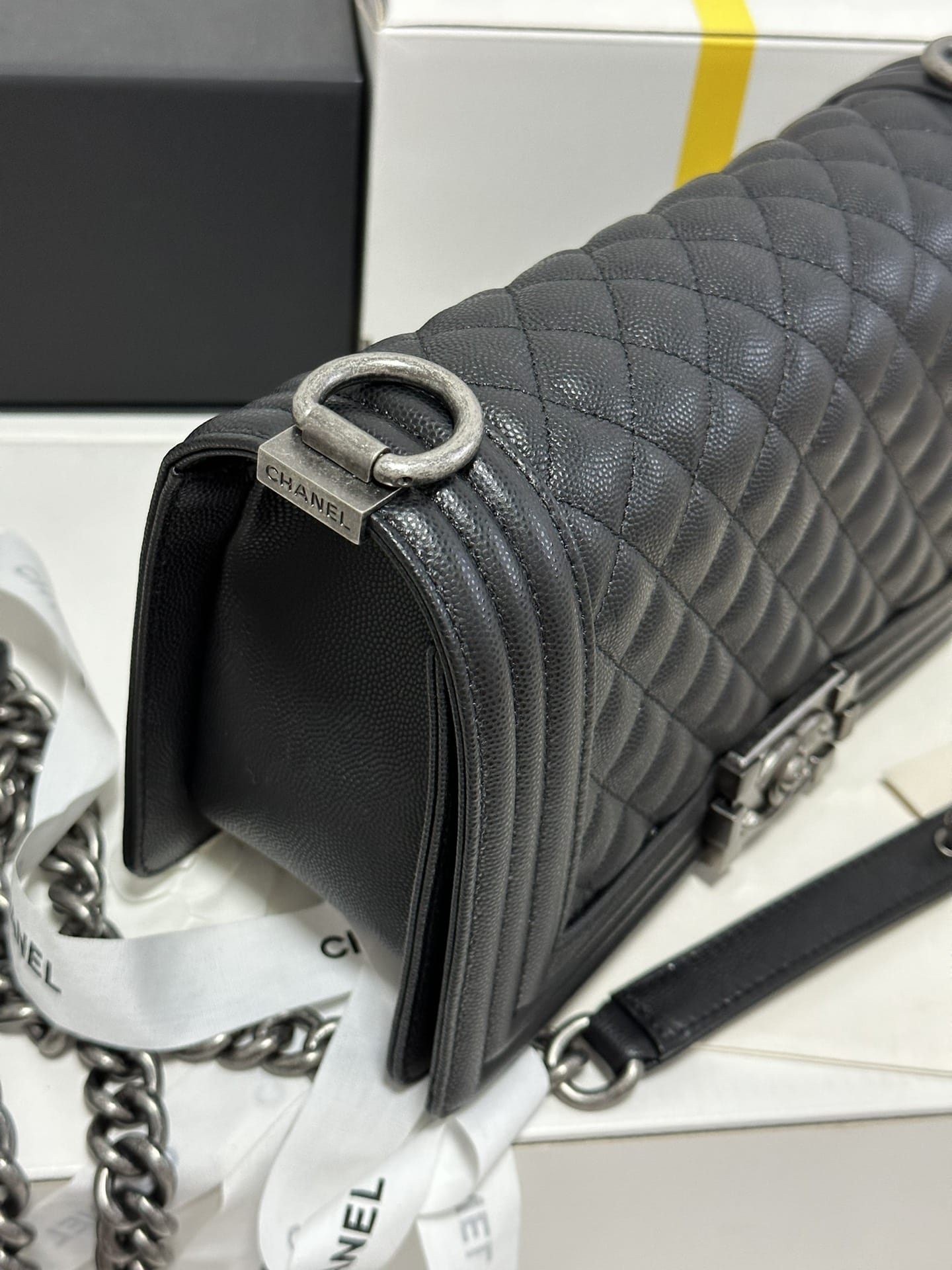 CHANEL BOY Medium Flap Bag in Grained Calfskin Leather - Black & Silver