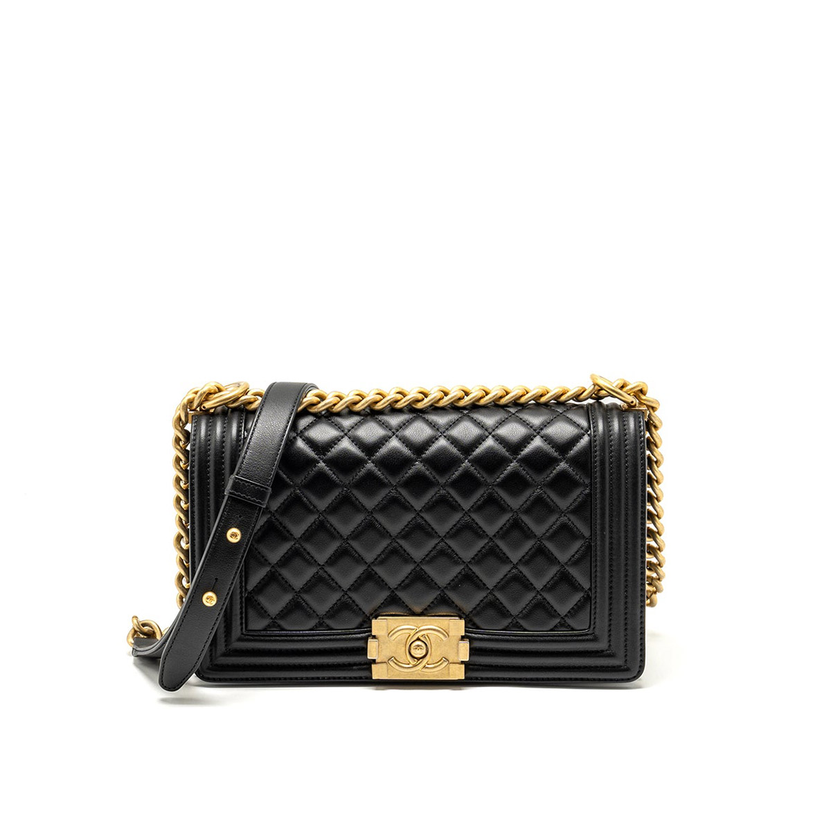 CHANEL BOY Medium Flap Bag in Calfskin Leather - Black & Gold