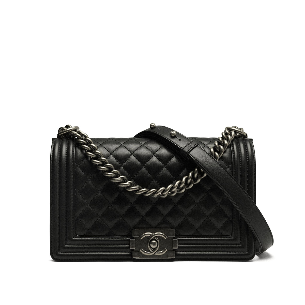 CHANEL BOY Medium Flap Bag in Calfskin Leather - Black & Silver