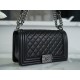 CHANEL BOY Medium Flap Bag in Calfskin Leather - Black & Silver