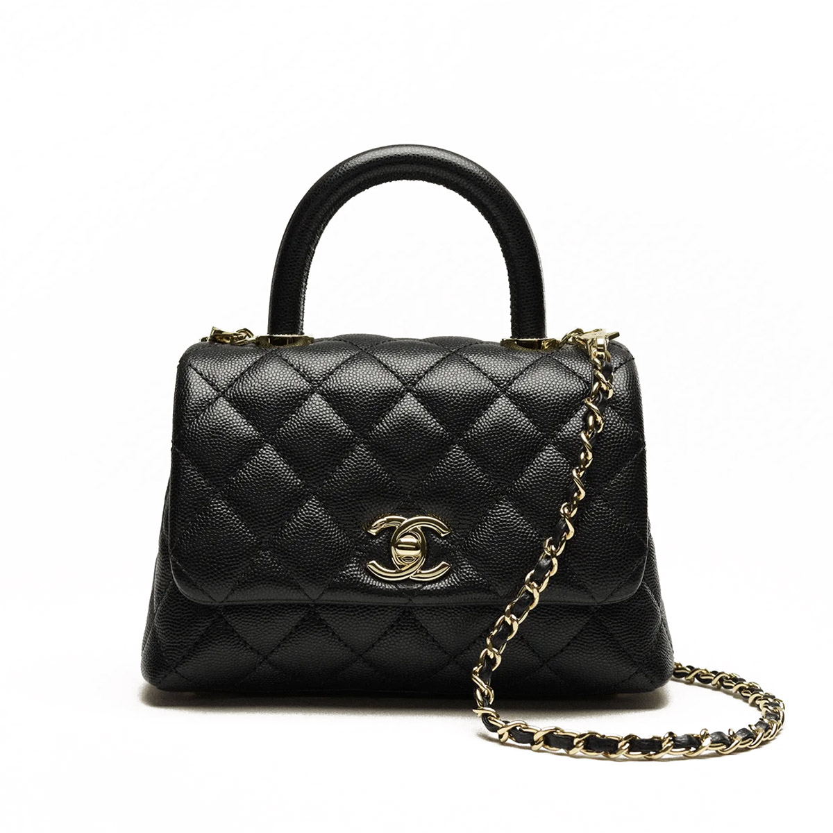 CHANEL COCO Top Handle Mini Flap Bag in Grained Calfskin - Black