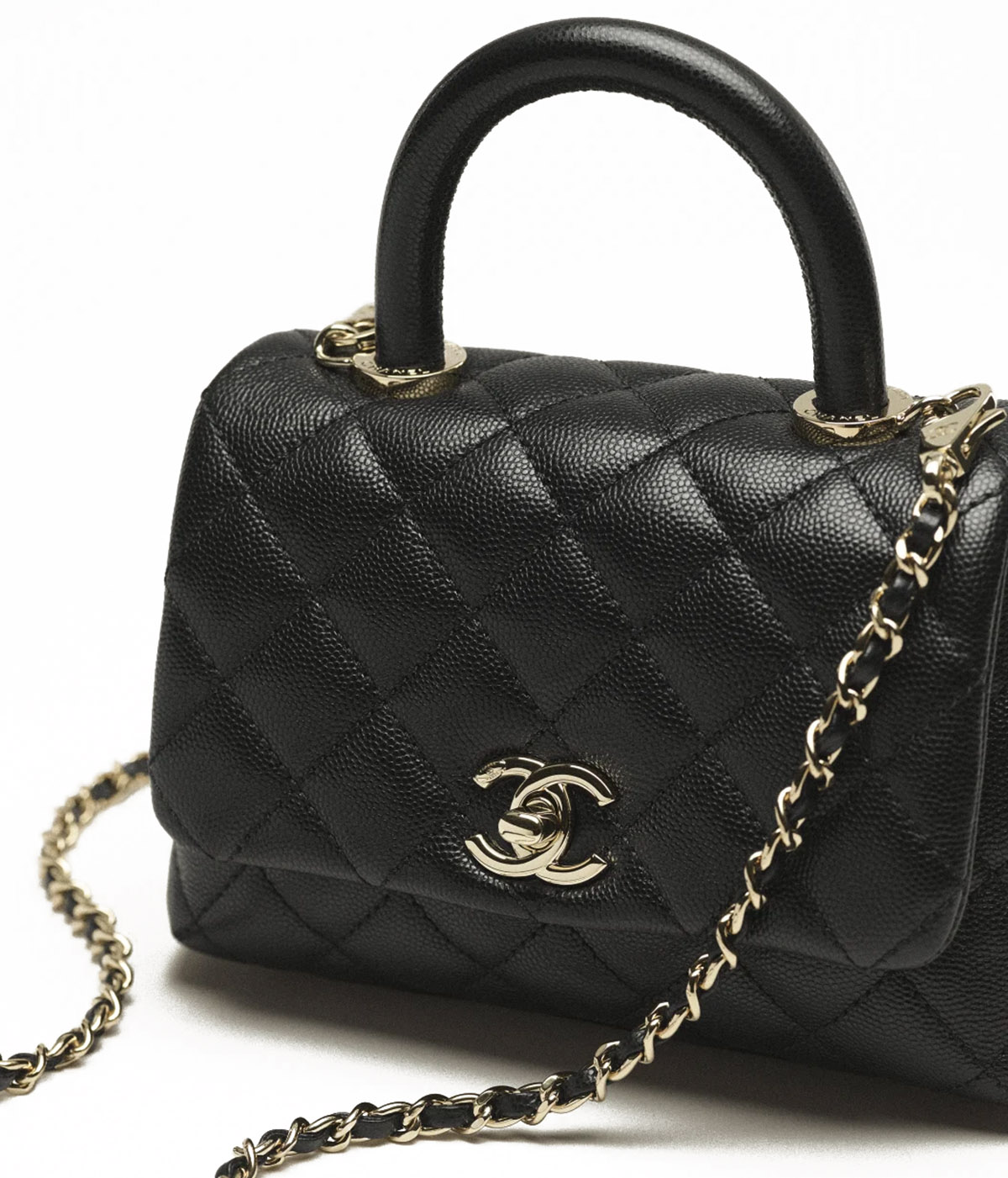 CHANEL COCO Top Handle Mini Flap Bag in Grained Calfskin - Black