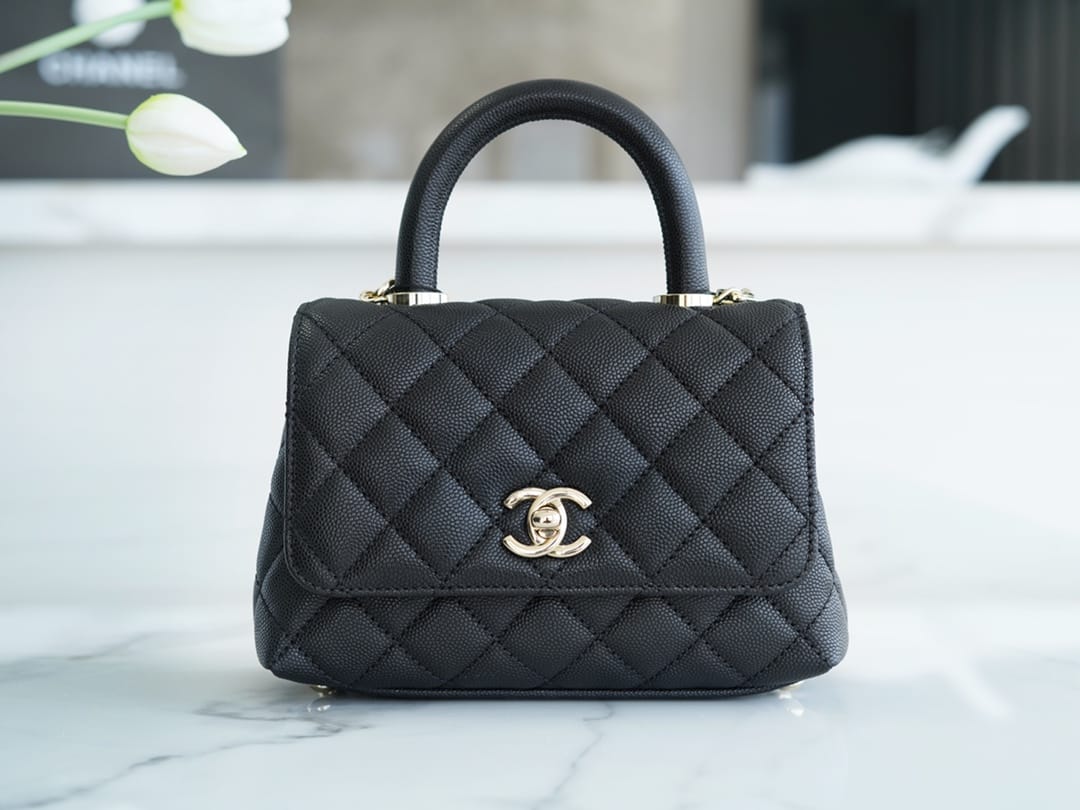 CHANEL COCO Top Handle Mini Flap Bag in Grained Calfskin - Black