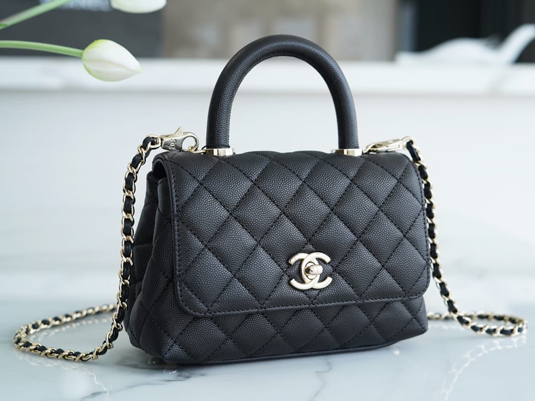 CHANEL COCO Top Handle Mini Flap Bag in Grained Calfskin - Black