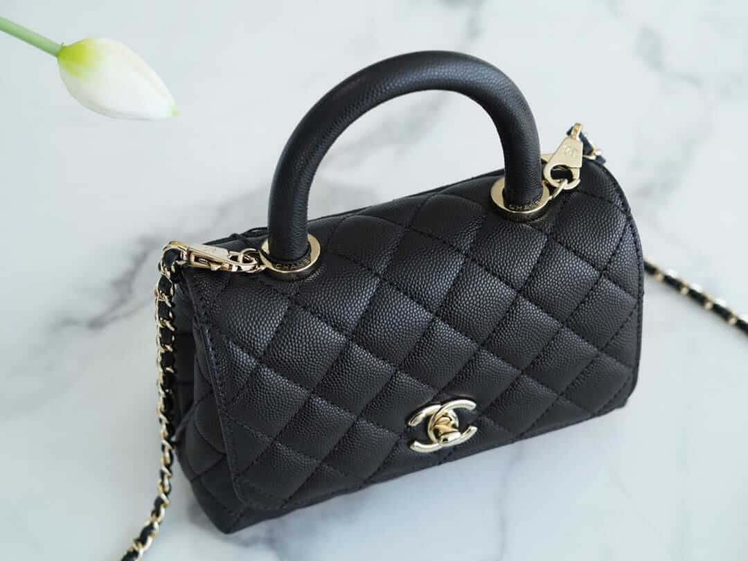 CHANEL COCO Top Handle Mini Flap Bag in Grained Calfskin - Black