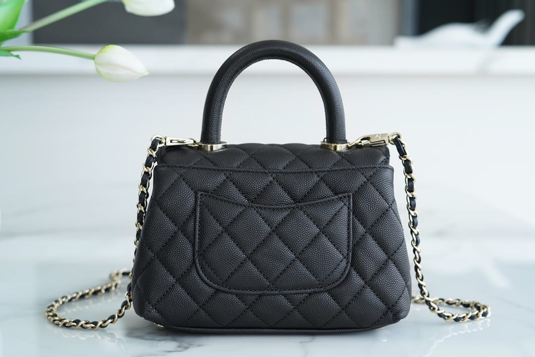 CHANEL COCO Top Handle Mini Flap Bag in Grained Calfskin - Black