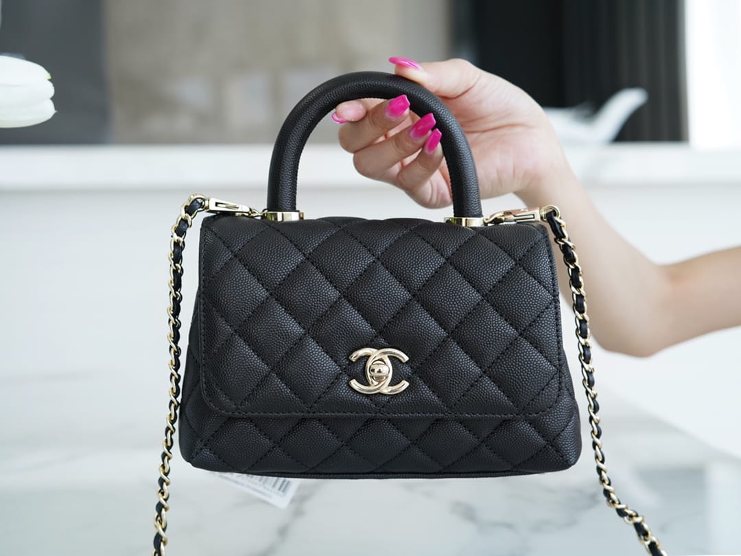 CHANEL COCO Top Handle Mini Flap Bag in Grained Calfskin - Black