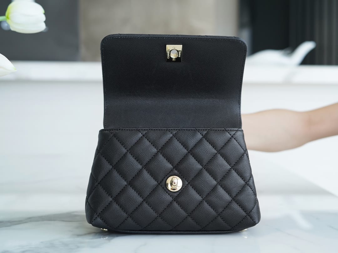 CHANEL COCO Top Handle Mini Flap Bag in Grained Calfskin - Black