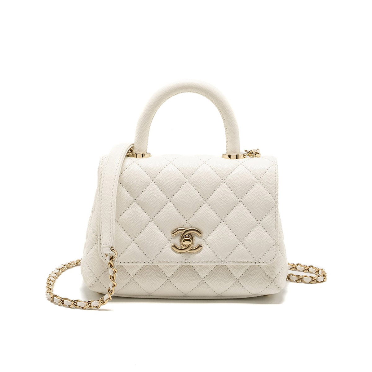 CHANEL COCO Top Handle Mini Flap Bag in Grained Calfskin - White