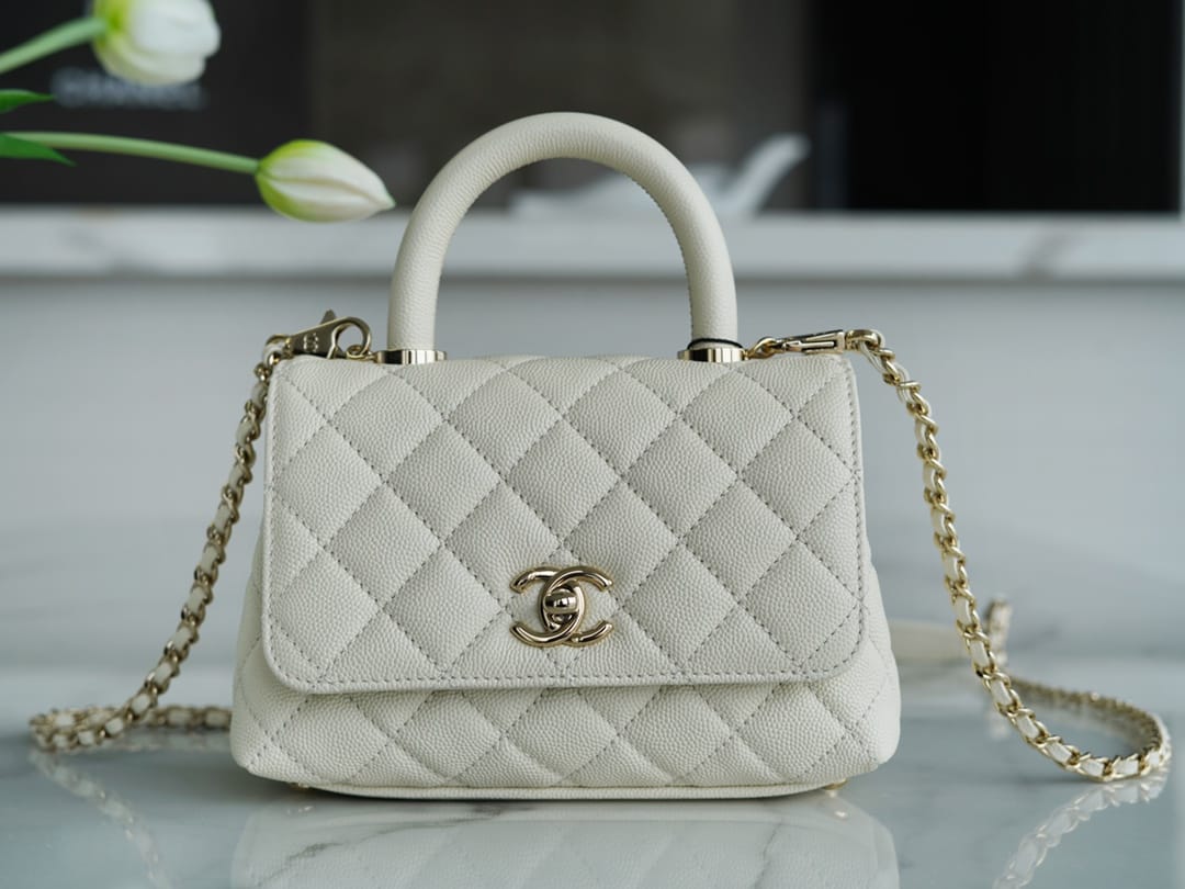 CHANEL COCO Top Handle Mini Flap Bag in Grained Calfskin - White