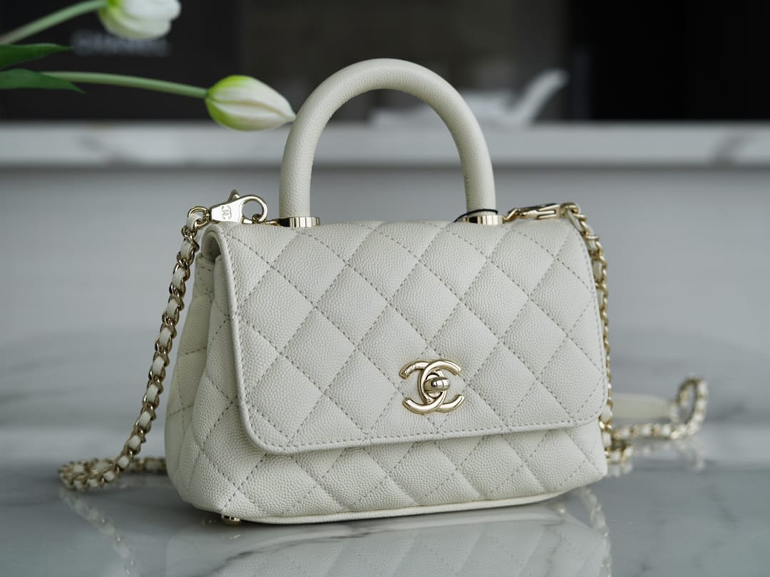 CHANEL COCO Top Handle Mini Flap Bag in Grained Calfskin - White