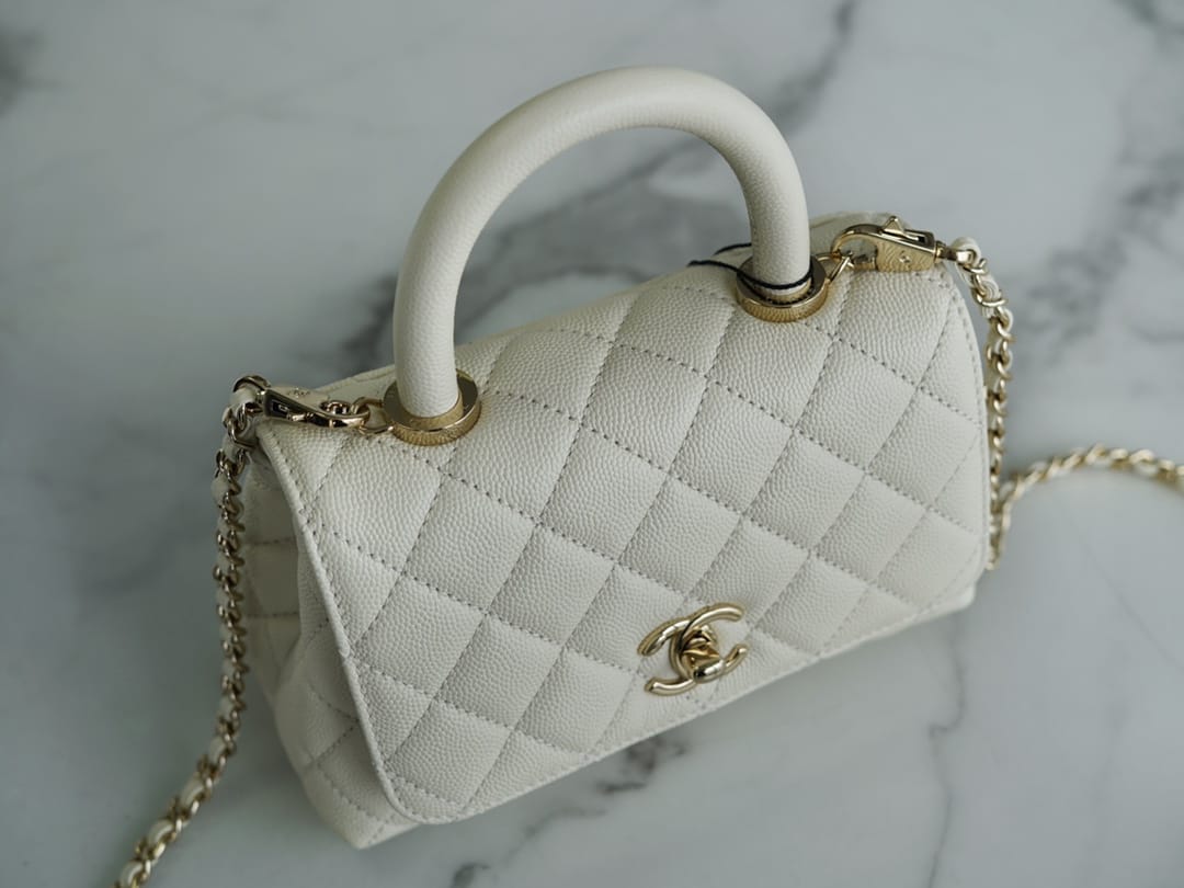 CHANEL COCO Top Handle Mini Flap Bag in Grained Calfskin - White