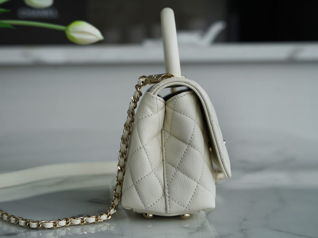 CHANEL COCO Top Handle Mini Flap Bag in Grained Calfskin - White