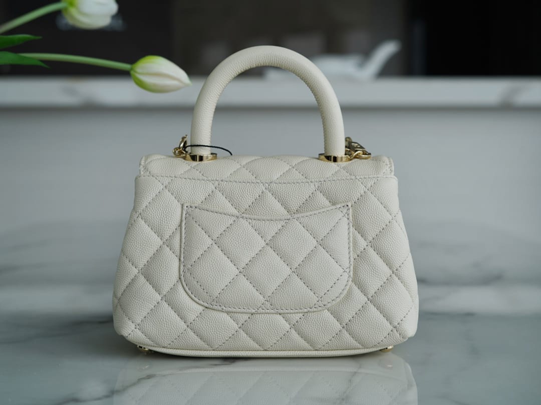 CHANEL COCO Top Handle Mini Flap Bag in Grained Calfskin - White