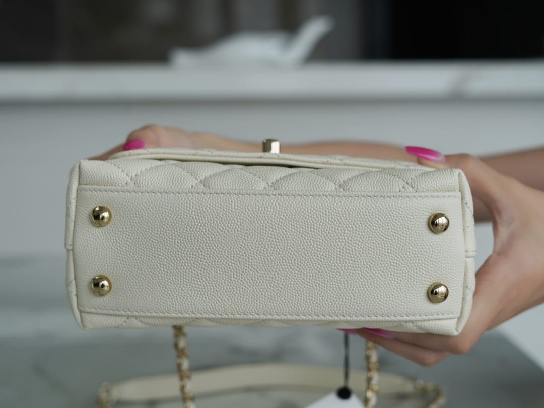 CHANEL COCO Top Handle Mini Flap Bag in Grained Calfskin - White